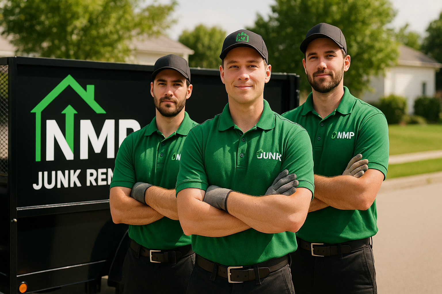 Three men in green shirts standing in front of a NMP Junk Removal truck.