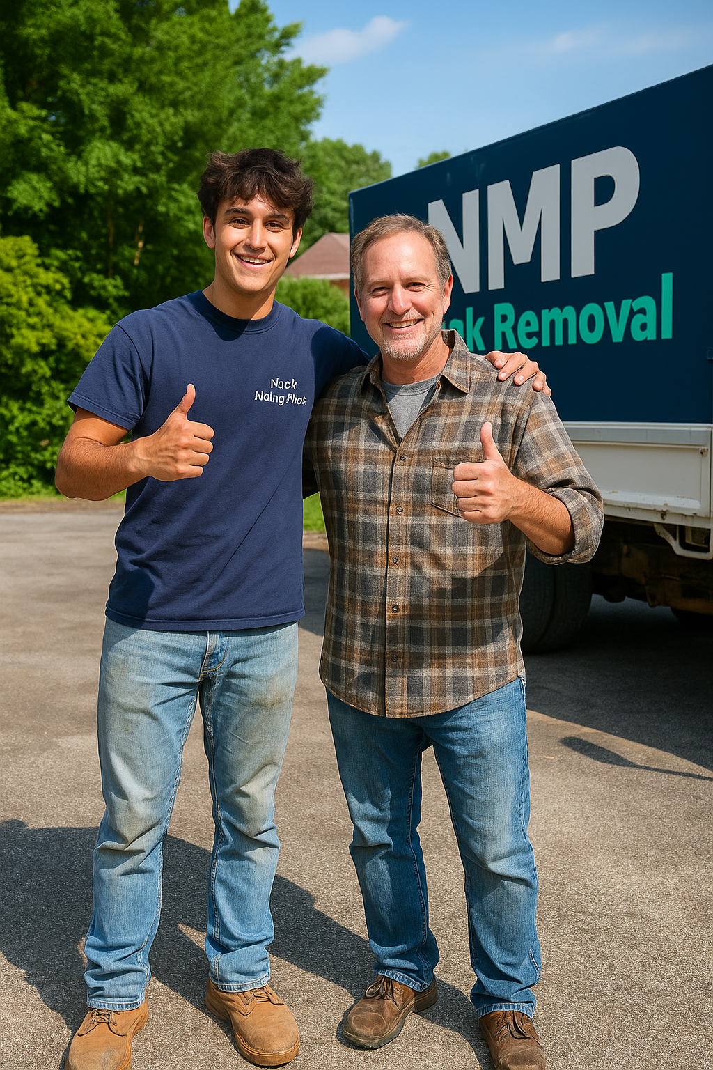 Two men giving thumbs up in front of a truck with 'NMP' branding.