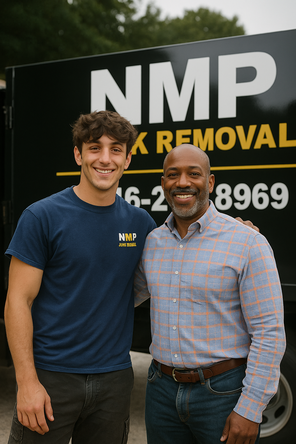 Happy Customer standing in front of a NMP Junk Removal truck