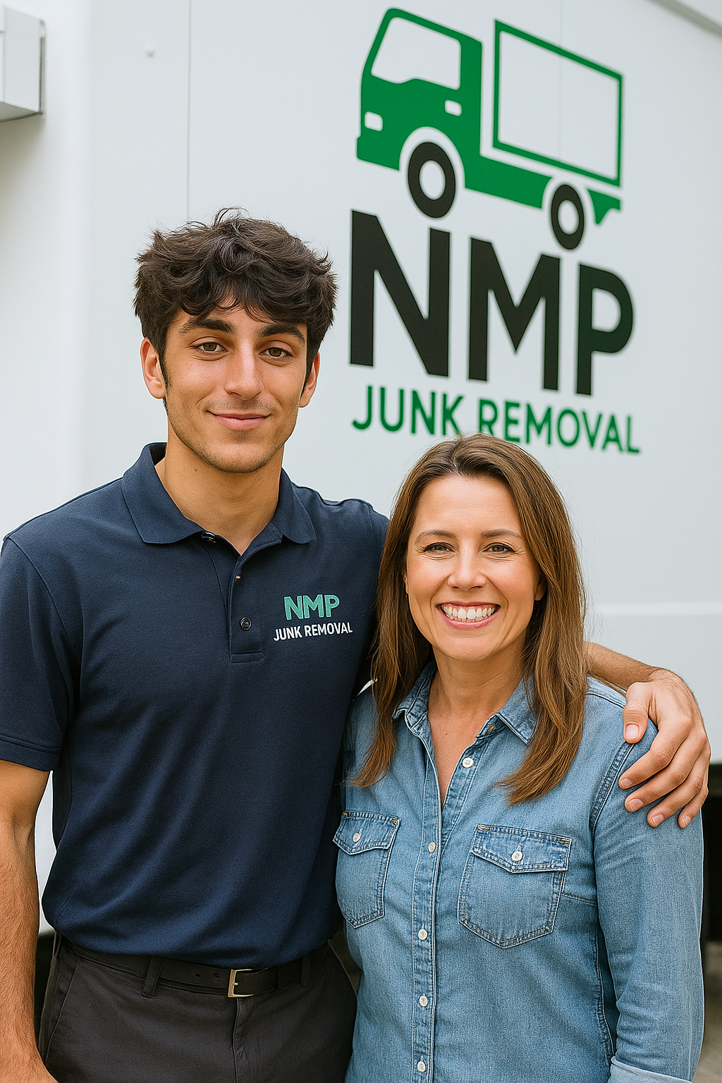 Two people standing in front of an NMP Junk Removal truck